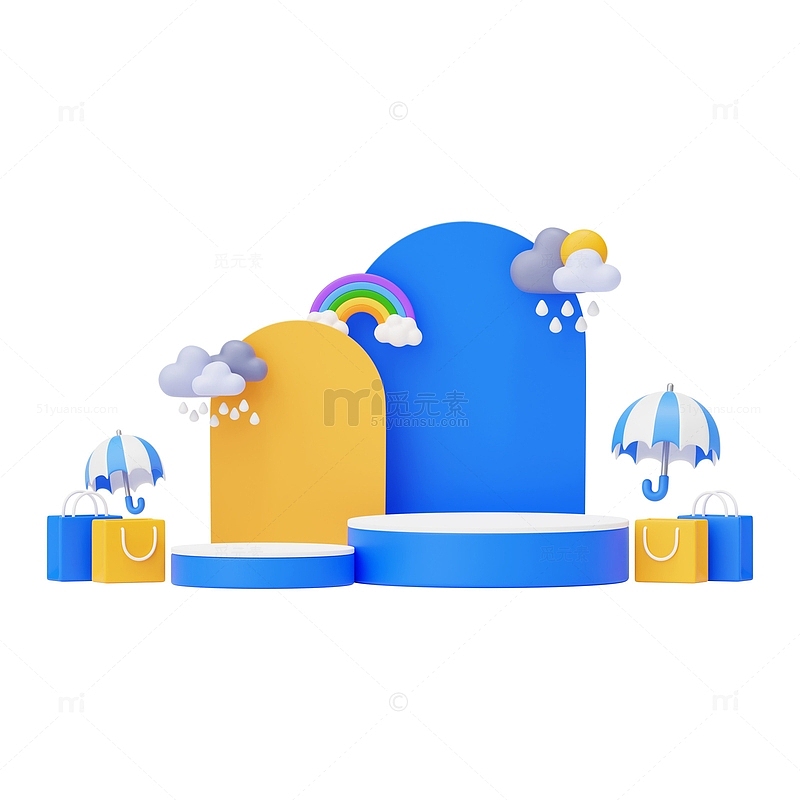 雨季台风台阶雨伞3D插画