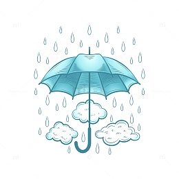 手绘撑开的雨伞雨滴云朵