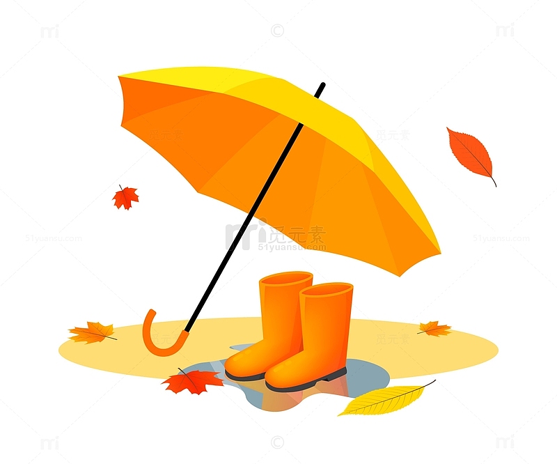 橙色雨伞橡胶靴雨后积水秋叶