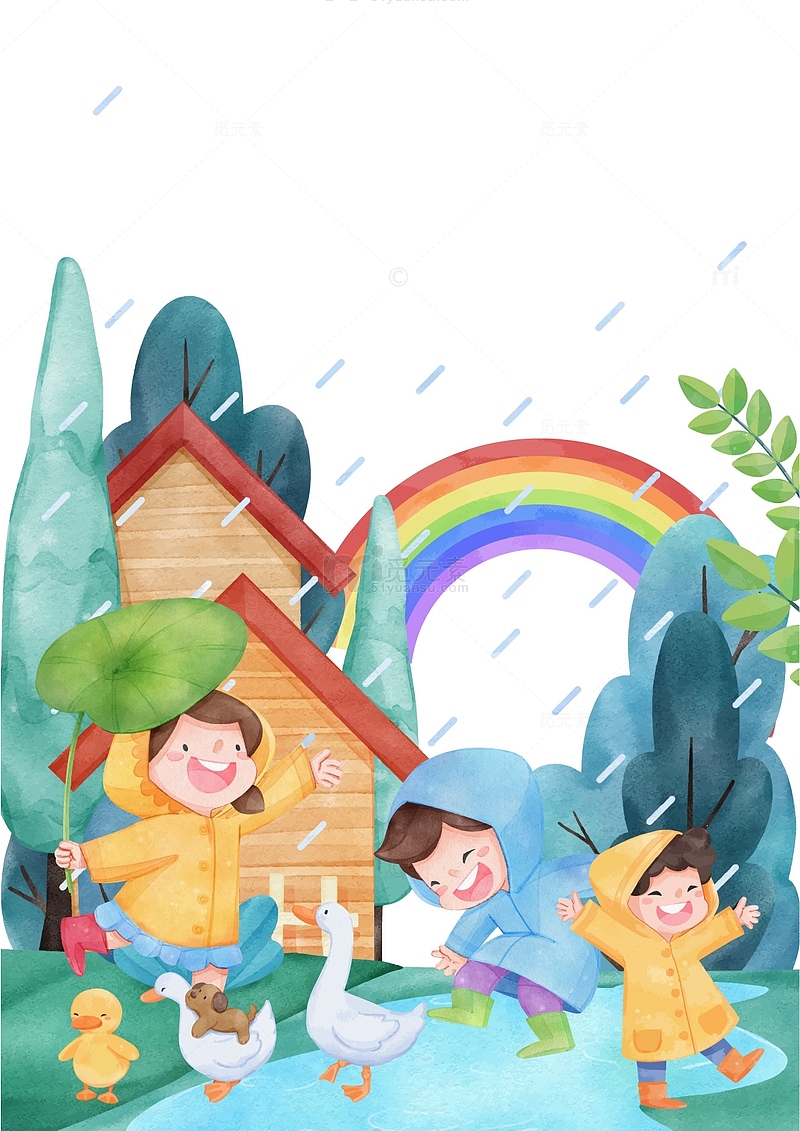 雨季儿童户外玩水水彩风格