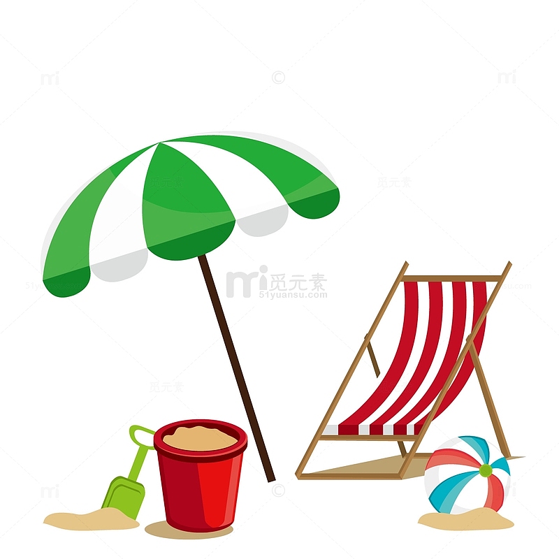 夏季海滩度假遮阳伞躺椅场景手绘