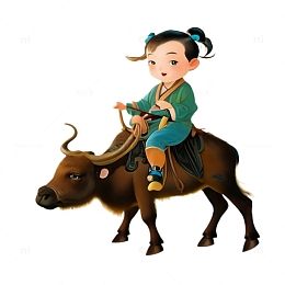 春天穿绿色衣服坐在牛背上的男孩