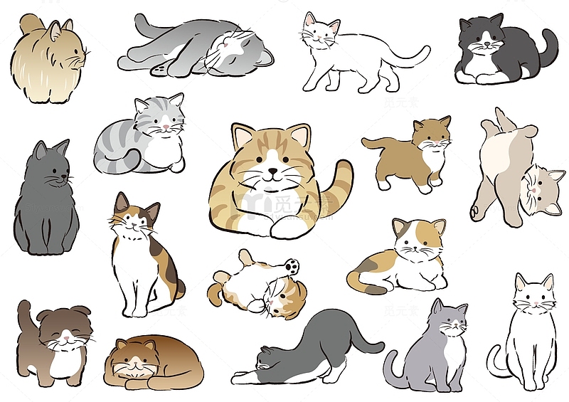 各自姿势的可爱小猫组合手绘