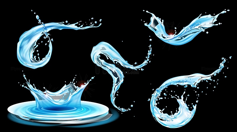 飞溅的蓝色液体波浪与漩涡