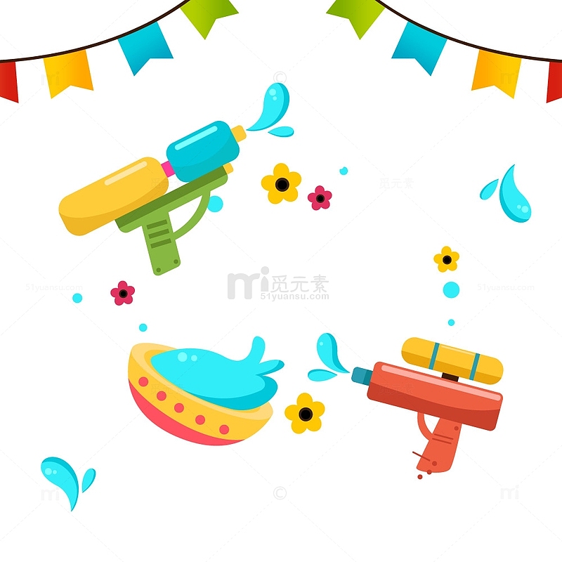 卡通庆祝泼水节的水枪与水盆
