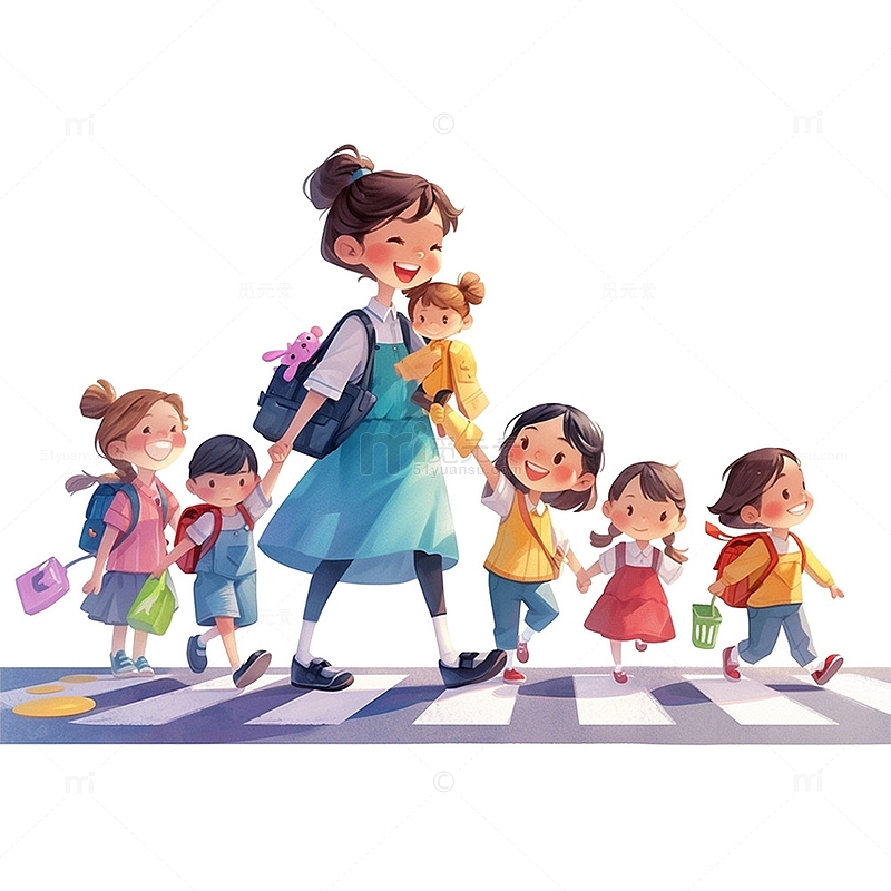 老师牵着儿童过马路