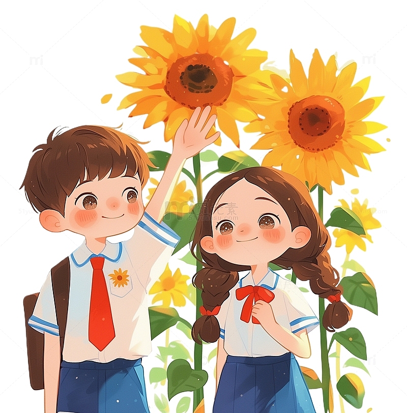 可爱葵花丛中的小学生卡通插画