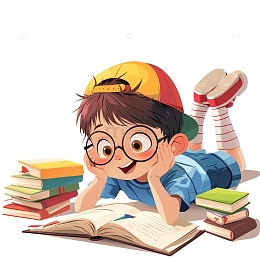 趴着看书的可爱小男孩卡通风格