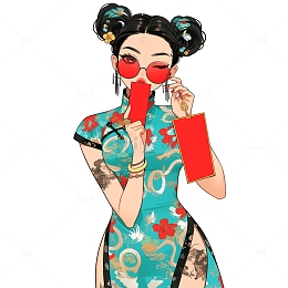 国潮青蓝色旗袍美女素材