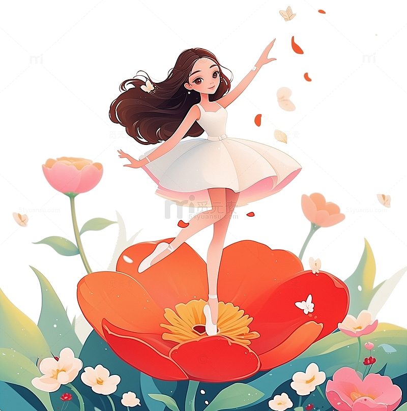 站在巨大花朵里跳舞的卡通女孩
