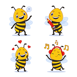 可爱的卡通蜜蜂角色听音乐耳机