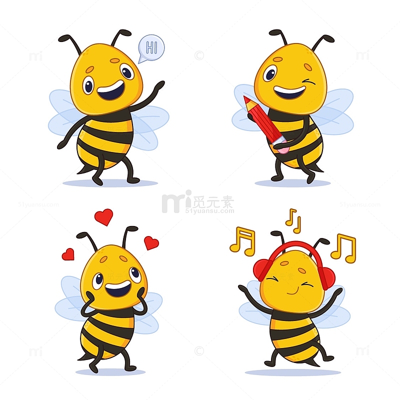 可爱的卡通蜜蜂角色听音乐耳机