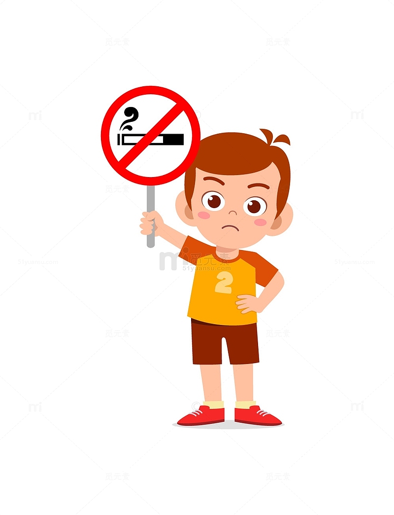 可爱的小孩举着禁止吸烟的木板