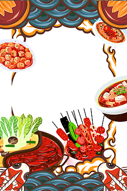手绘卡通鱼蔬菜火锅麻辣烫串串麻婆豆腐
