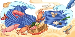 手绘卡通卷云海浪螃蟹龙虾章鱼调料火锅