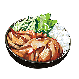 手绘卡通叉烧肉青菜米饭