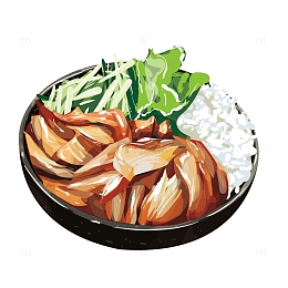 手绘卡通叉烧肉青菜米饭