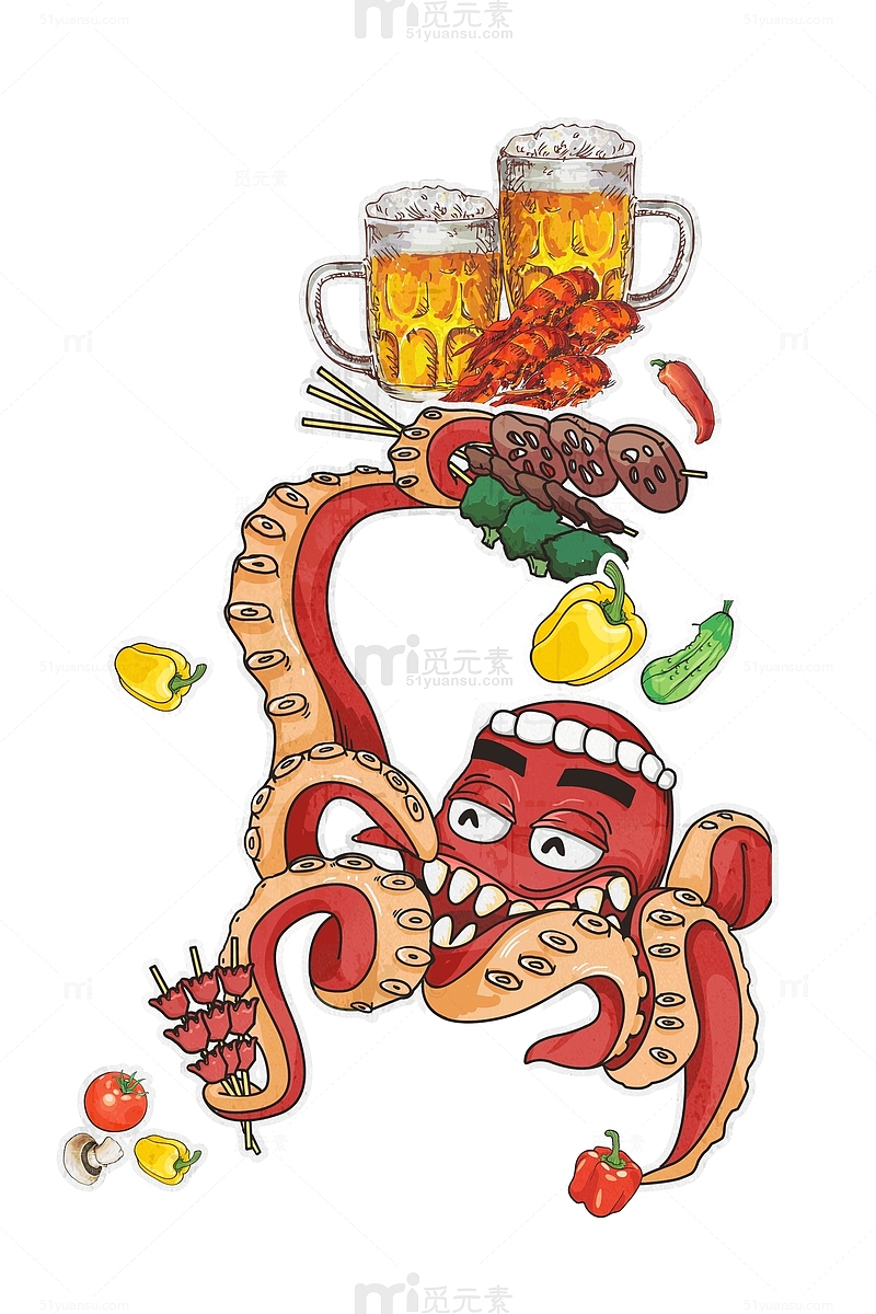 手绘卡通拟人态章鱼啤酒小龙虾烤串蔬菜