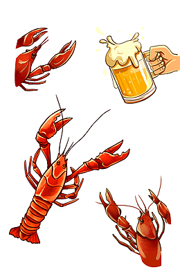 手绘卡通小龙虾海鲜啤酒