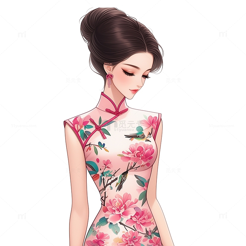 粉色牡丹旗袍国风人物素材