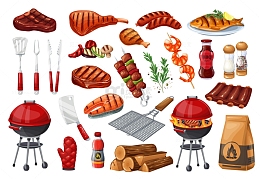 各种烧烤工具与肉类