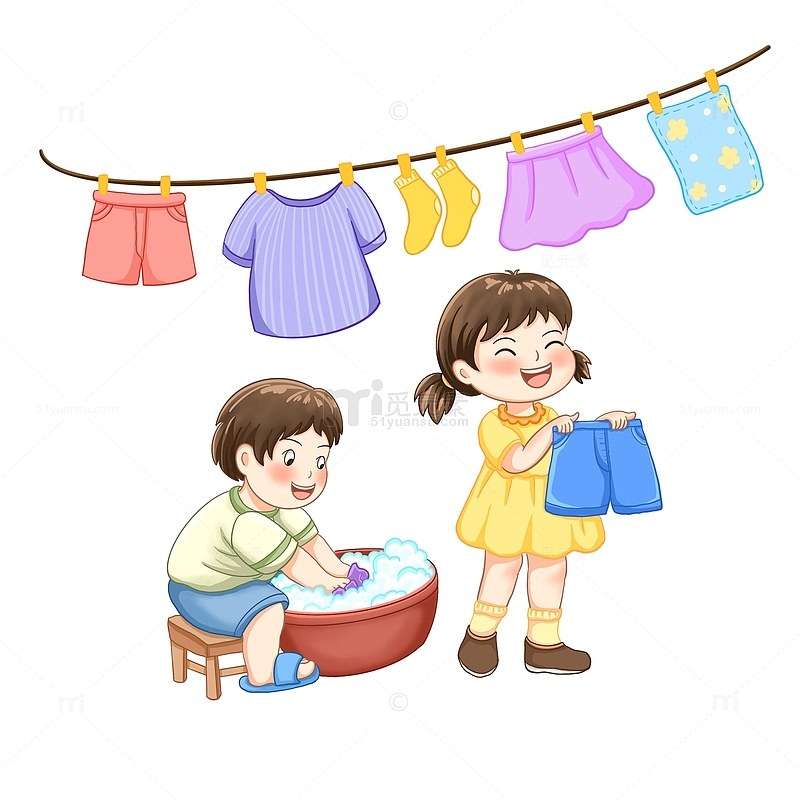 51五一劳动节儿童劳动场景洗衣服晾衣服