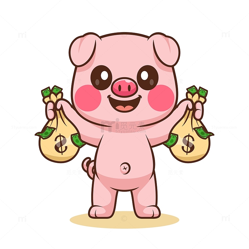 可爱的粉色猪拿着钱袋卡通矢量插图