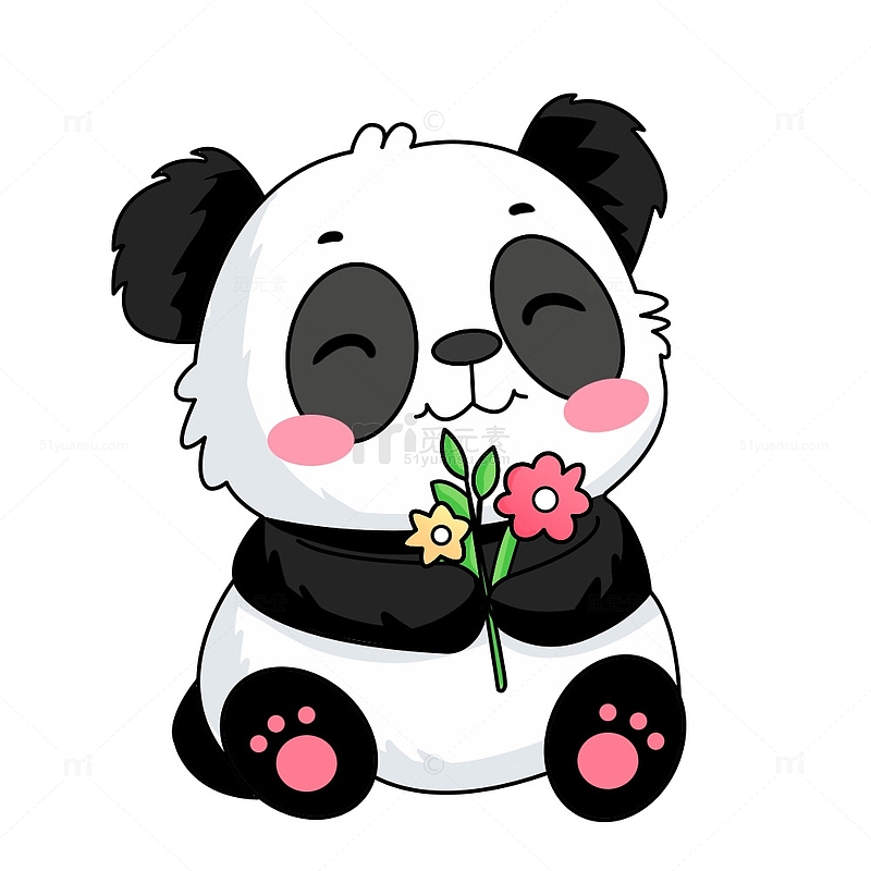 卡通扁平可爱熊猫拿花朵元素