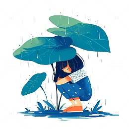 谷雨遮雨女孩插画2