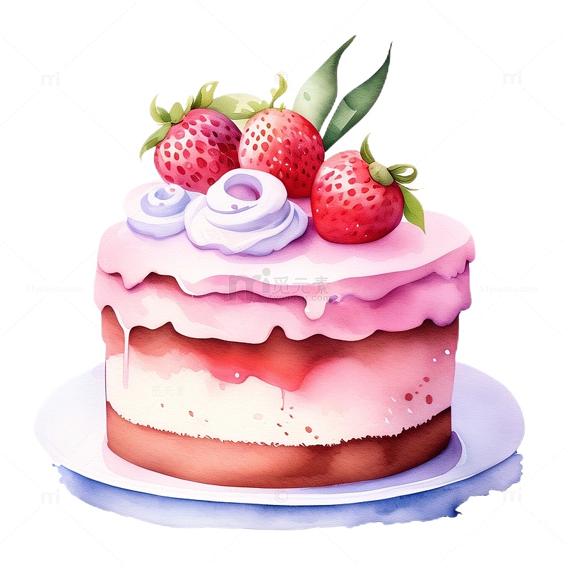 水彩插画手绘蛋糕草莓甜点