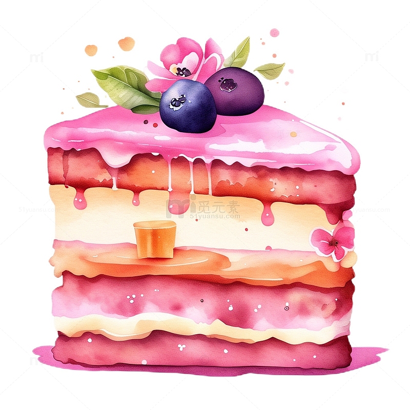 水彩插画手绘蛋糕蓝莓甜点西餐