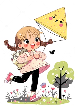可爱放风筝小女孩卡通风格