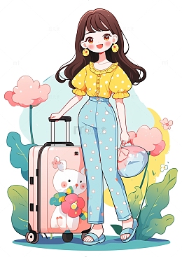 卡通郊游手拿行李箱的女孩