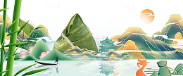 青山绿水国风端午节插画
