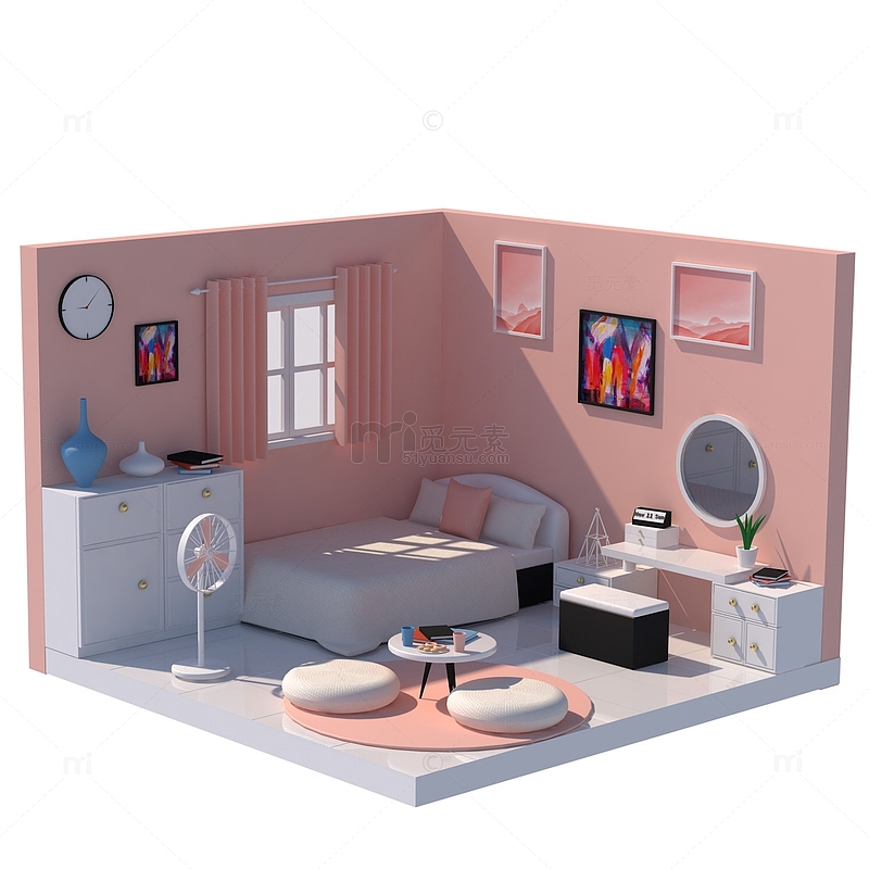 3D立体粉色少女房间模型