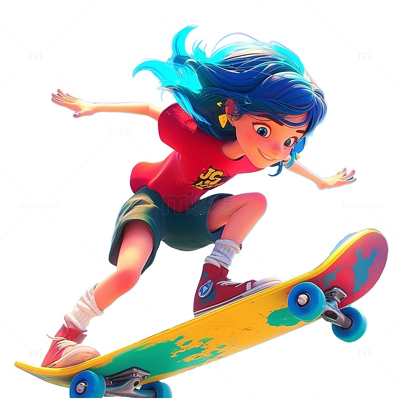 玩滑板的蓝头发女孩