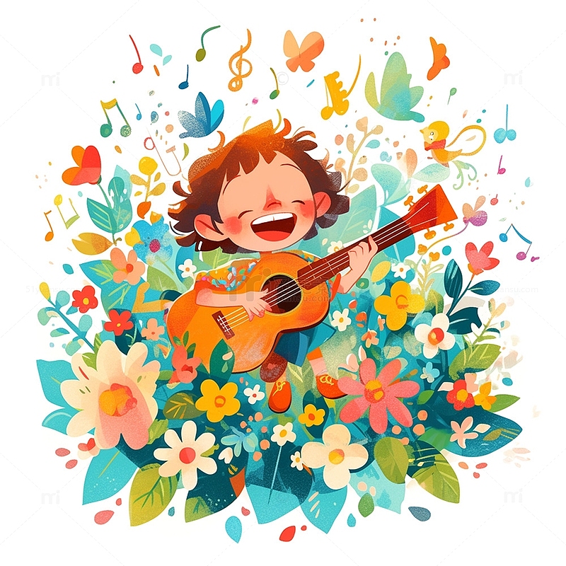 花丛中弹唱的青年