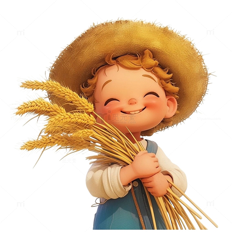 劳动节丰收抱着麦子的男孩