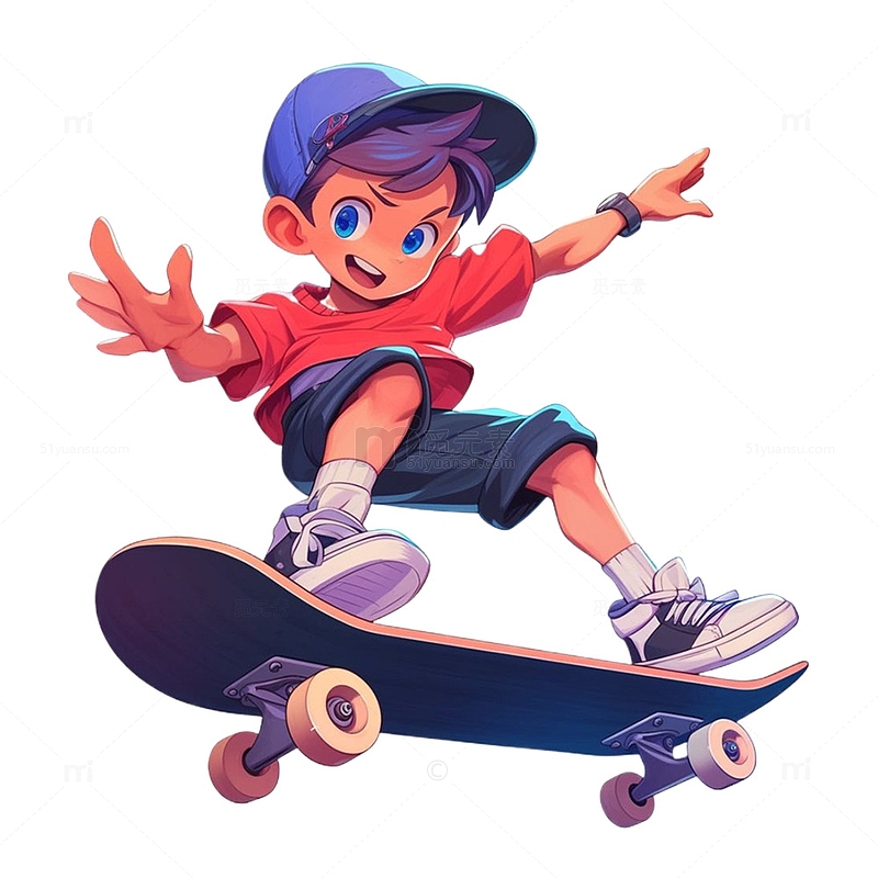 戴帽子玩滑板的男孩