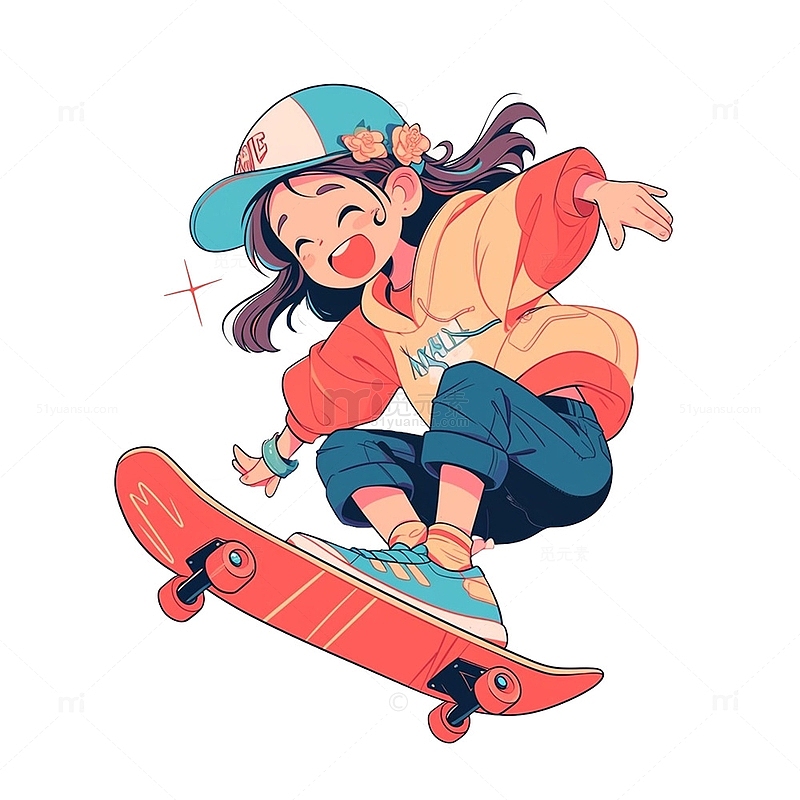 青年节戴帽子玩滑板的女孩