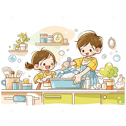 劳动节做家务洗衣服的两个小孩