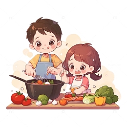 劳动节做饭的两个小孩