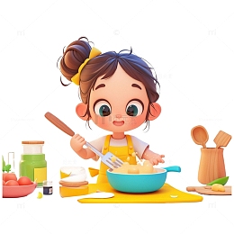 穿黄色围裙做饭的女孩