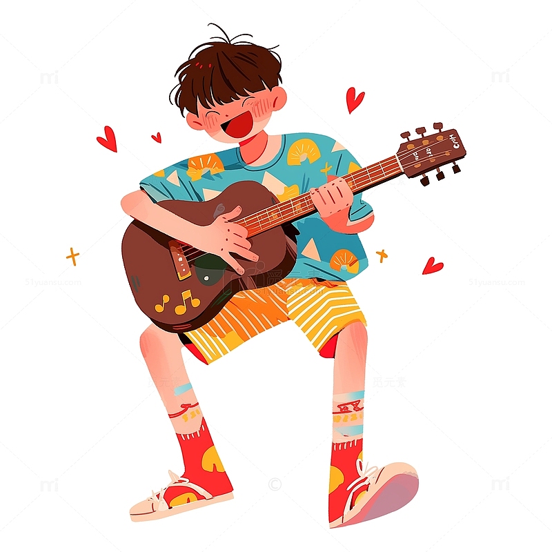 卡通弹奏吉他的男孩素材