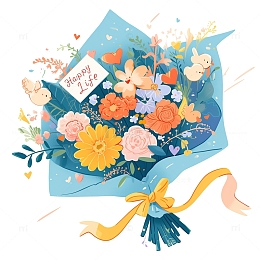 蓝色卡通插画花束