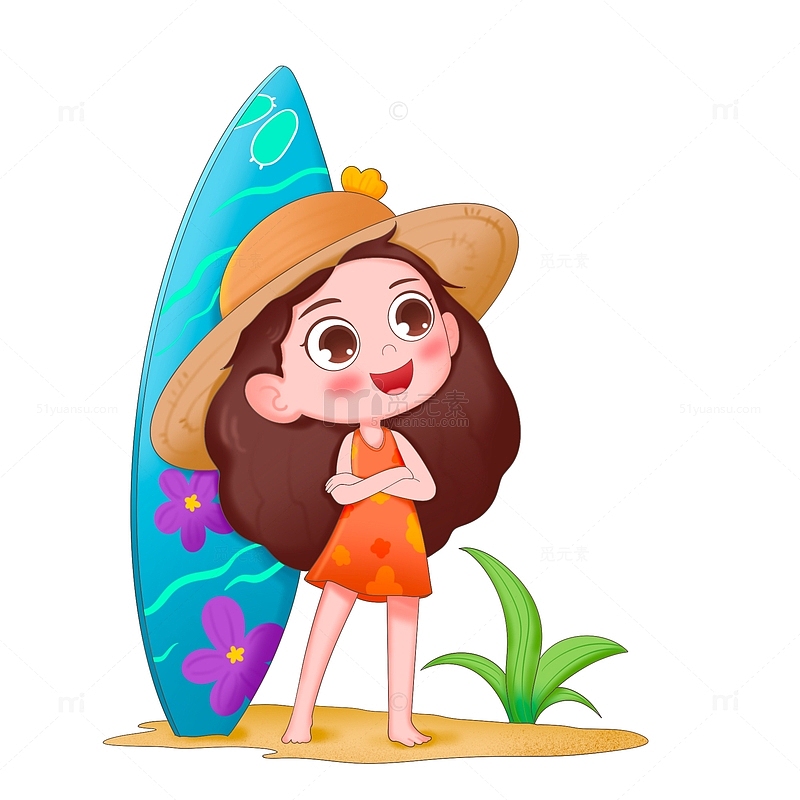 卡通可爱小女孩拿着冲浪板在海边免抠元素