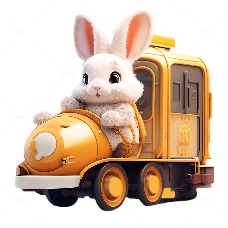 3D立体卡通开火车的兔子动物毛绒绒