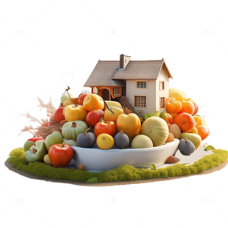 3D立体卡通丰收水果房屋童话