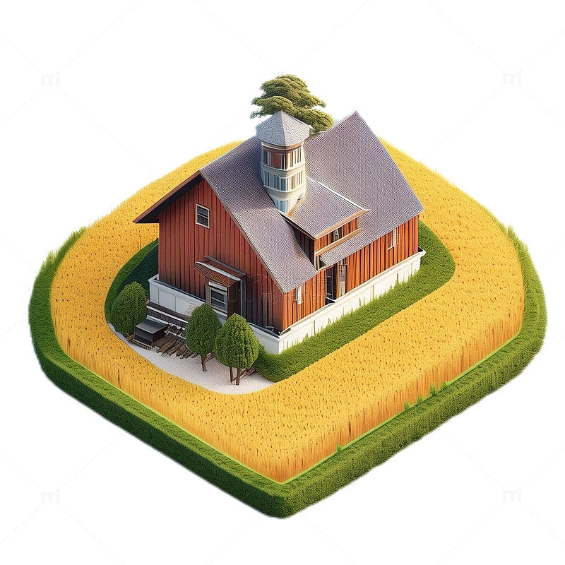 3D立体卡通房子农村麦田