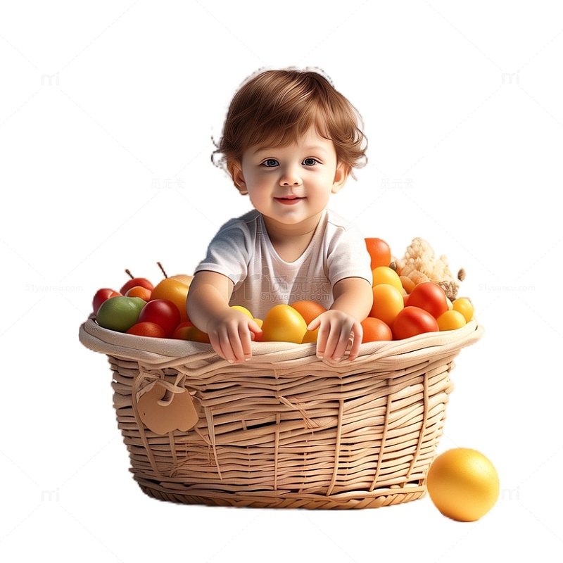 3D立体卡通坐在水果筐里的小孩